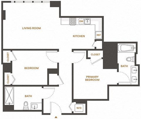 Floor plan for 2 beds, 2 baths, 937 sqft