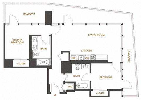 Floor plan for 2 beds, 2 baths, 999 sqft