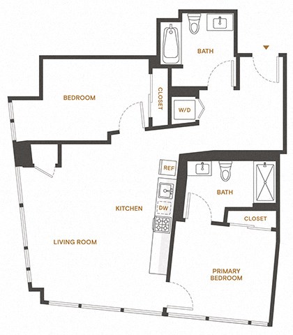 Floor plan for 2 beds, 2 baths, 1089 sqft