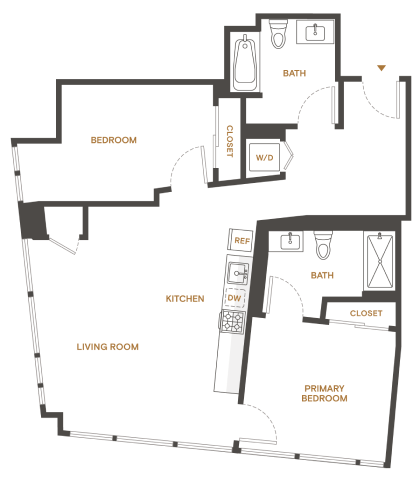 Floor plan for 2 beds, 2 baths, 1024 sqft