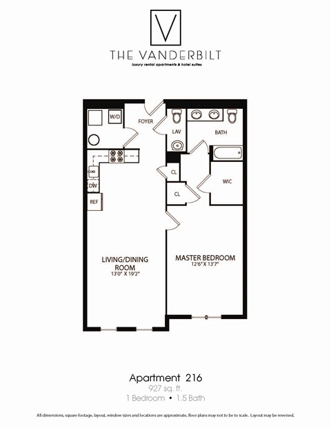 Floor plan for 1 bed, 1.5 baths, 1024 sqft