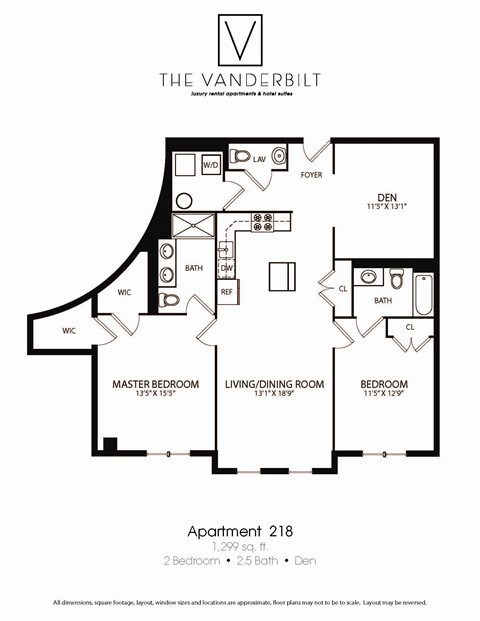 Floor plan for 2 beds, 2.5 baths, 1299 sqft
