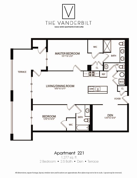 Floor plan for 2 beds, 2.5 baths, 1277 sqft