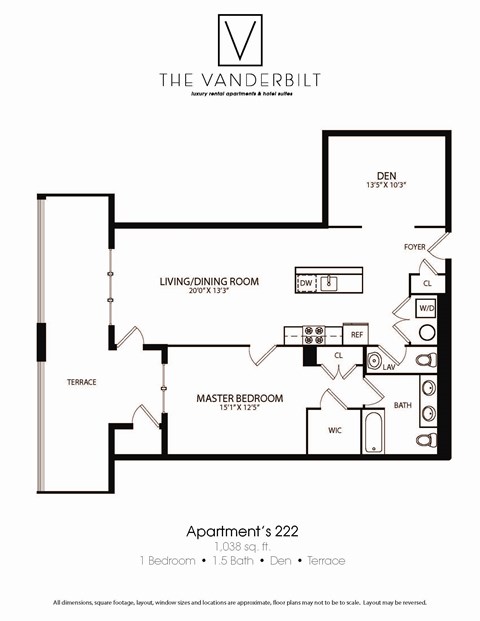 Floor plan for 1 bed, 1.5 baths