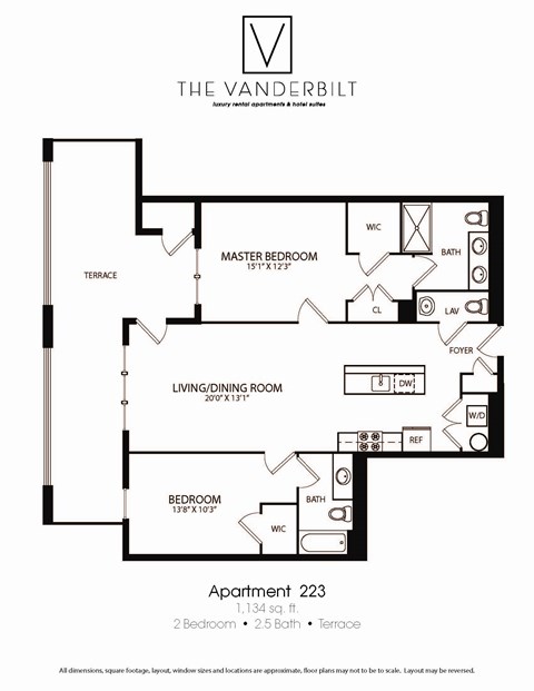 Floor plan for 2 beds, 2.5 baths, 1134 sqft