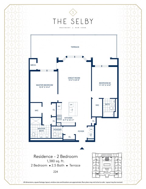 Floor plan for 2 beds, 2.5 baths, 1361 sqft