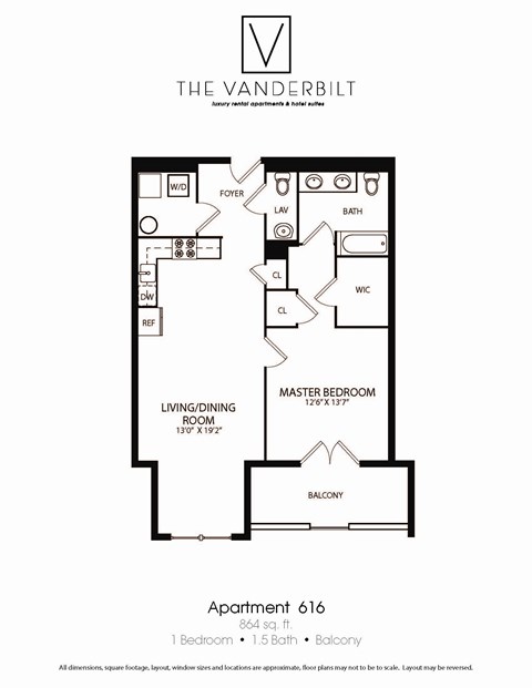 Floor plan for 1 bed, 1.5 baths, 872 sqft