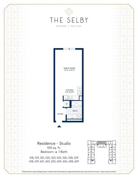 Floor plan for studio, 1 bath, 510 sqft