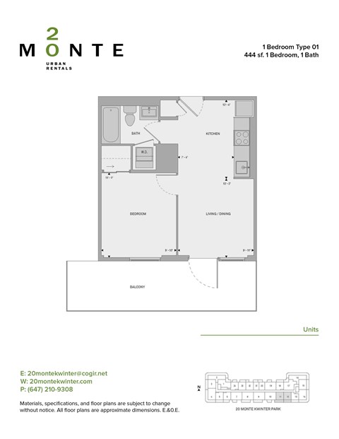 Floor plan for 1 bed, 1 bath, 444 sqft