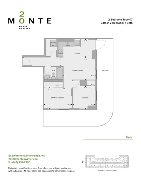 Floor plan for 2 beds, 1 bath, 686 sqft