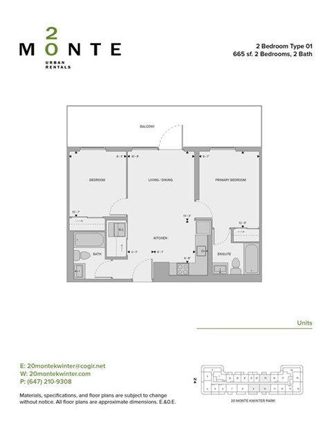 Floor plan for 2 beds, 2 baths, 645 sqft