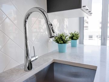 Ottawa apartment for rent - A modern kitchen sink with a chrome faucet and two small potted plants on the counter.