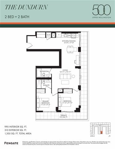 Floor plan for 2 beds, 2 baths, 995 sqft