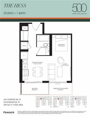 Floor plan for studio, 1 bath, 445 sqft