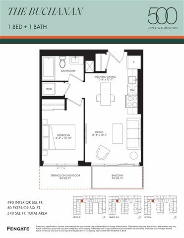 Floor plan for 1 bed, 1 bath, 490 sqft