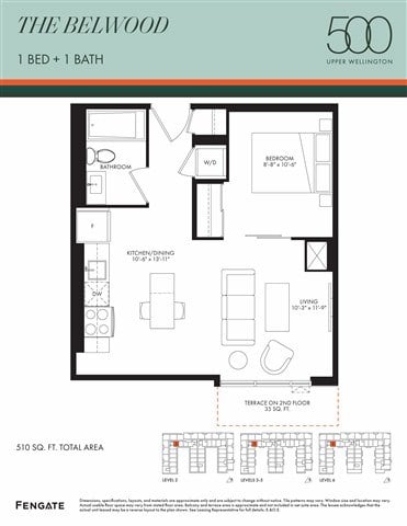 Floor plan for 1 bed, 1 bath, 510 sqft
