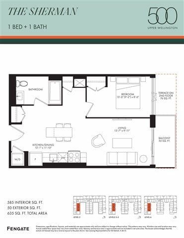 Floor plan for 1 bed, 1 bath, 585 sqft