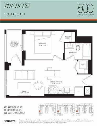 Floor plan for 1 bed, 1 bath, 475 sqft