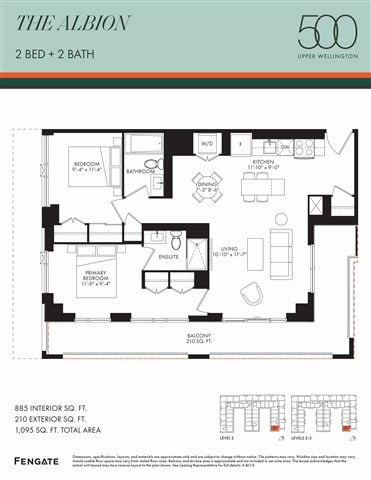 Floor plan for 2 beds, 2 baths, 885 sqft