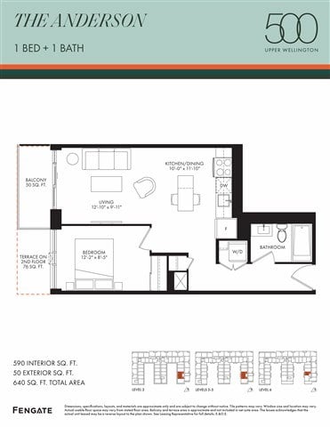 Floor plan for 1 bed, 1 bath, 590 sqft