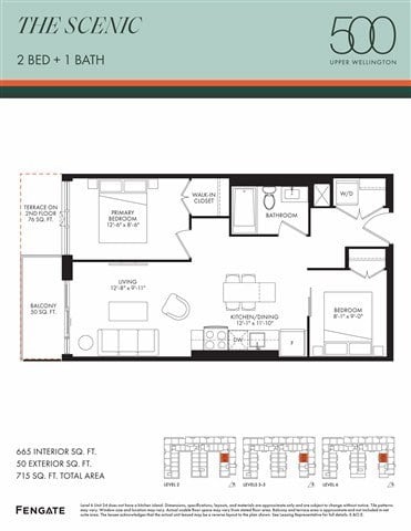 Floor plan for 2 beds, 1 bath, 665 sqft