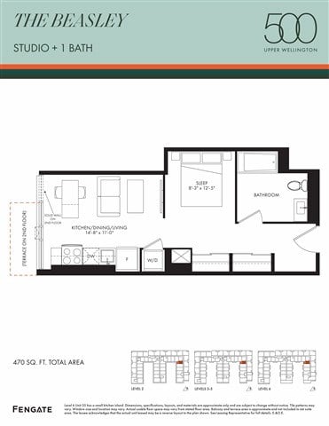 Floor plan for studio, 1 bath, 470 sqft