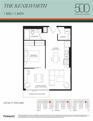 Floor plan for 1 bed, 1 bath, 625 sqft
