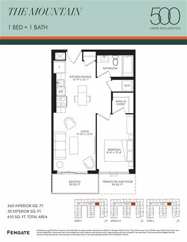 Floor plan for 1 bed, 1 bath, 560 sqft