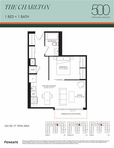Floor plan for 1 bed, 1 bath, 545 sqft