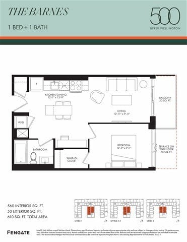 Floor plan for 1 bed, 1 bath, 560 sqft