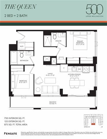 Floor plan for 2 beds, 2 baths, 750 sqft
