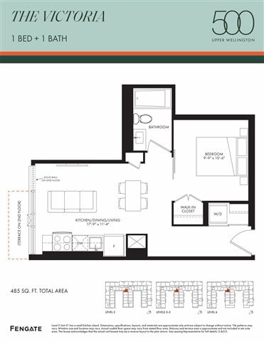 Floor plan for 1 bed, 1 bath, 485 sqft