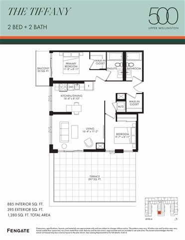 Floor plan for 2 beds, 2 baths, 885 sqft