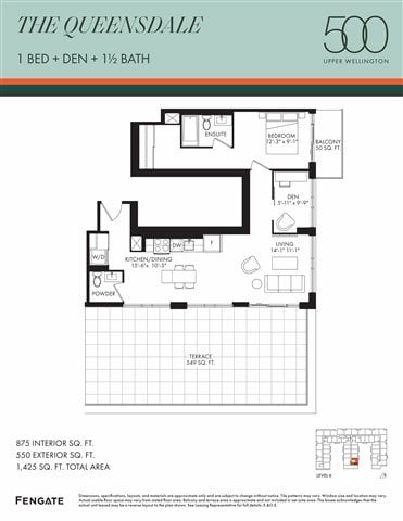 Floor plan for 1 bed, 2 baths, 875 sqft
