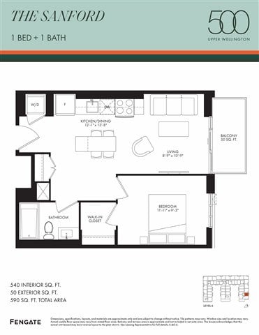 Floor plan for 1 bed, 1 bath, 540 sqft