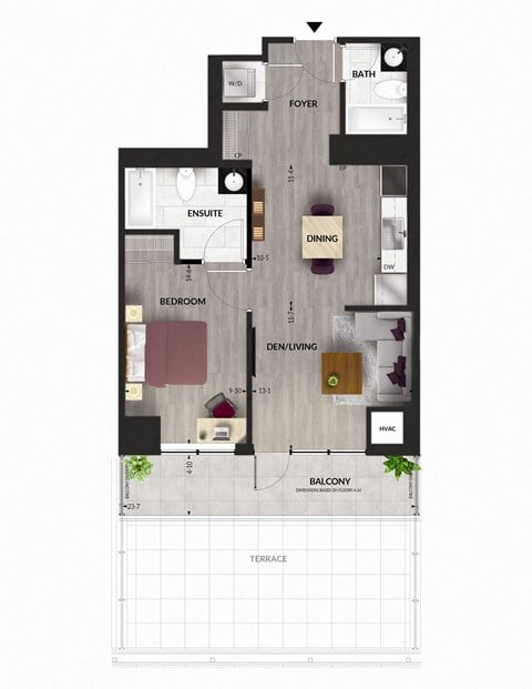 Floor plan for 1 bed, 2 baths, 743 sqft