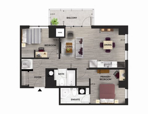 Floor plan for 2 beds, 2 baths, 950 sqft