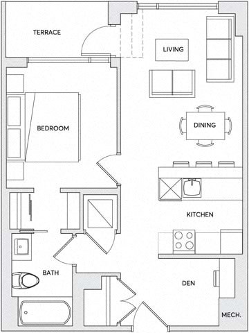 Floor plan for 1 bed, 1 bath, 658 sqft
