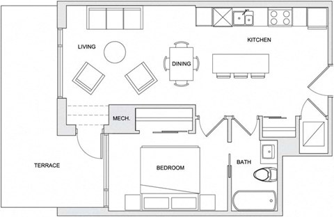 Floor plan for 1 bed, 1 bath, 700 sqft