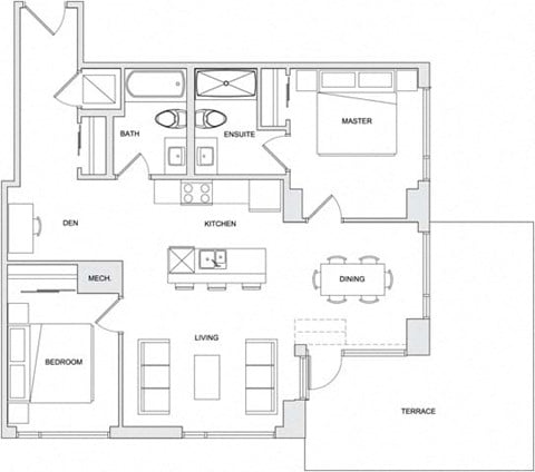 Floor plan for 2 beds, 2 baths, 991 sqft