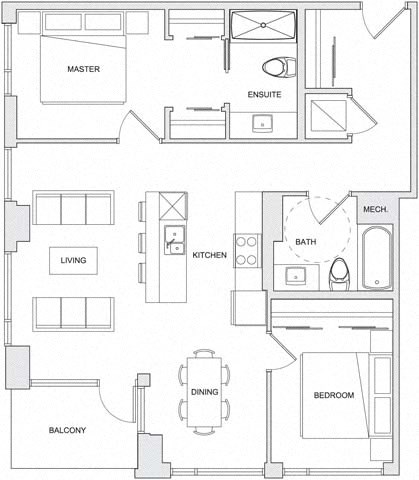 Floor plan for 2 beds, 2 baths, 1001 sqft