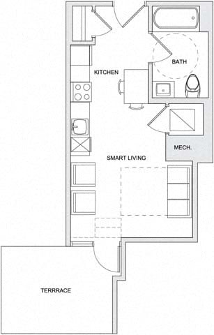 Floor plan for 1 bed, 1 bath, 377 sqft