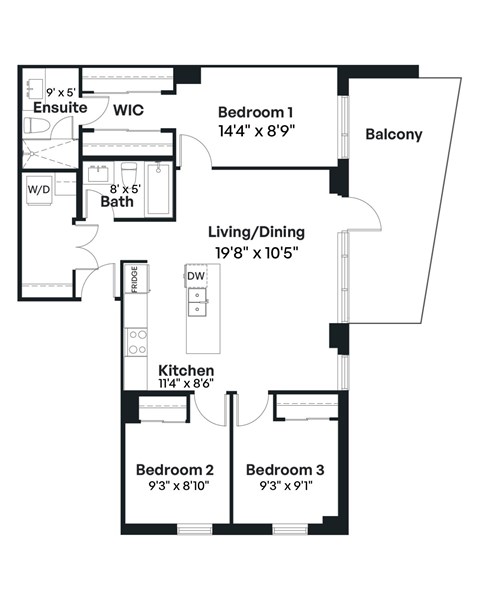 Floor plan for 3 beds, 2 baths, 1064 sqft