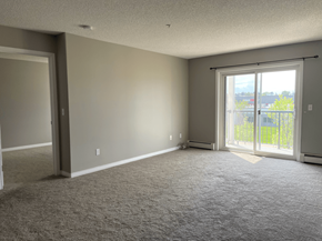 Spruce Grove apartment for rent - A room with grey carpet and a sliding glass door.