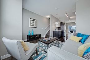 Calgary apartment for rent - A living room with a grey couch, a coffee table, and a chair.