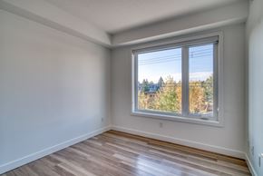 Calgary apartment for rent - A room with a window showing a view of trees and a house.