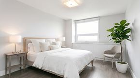 Calgary apartment for rent - A bedroom with a bed, chair, and potted plant.