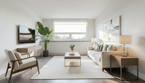 Calgary apartment for rent - A living room with a white couch, a wooden chair, and a coffee table.