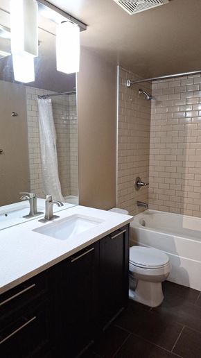 Calgary apartment for rent - A bathroom with a white sink, black cabinetry, and a white toilet.