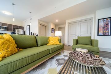 Dayton apartment for rent - A living room with a green couch and a patterned rug.